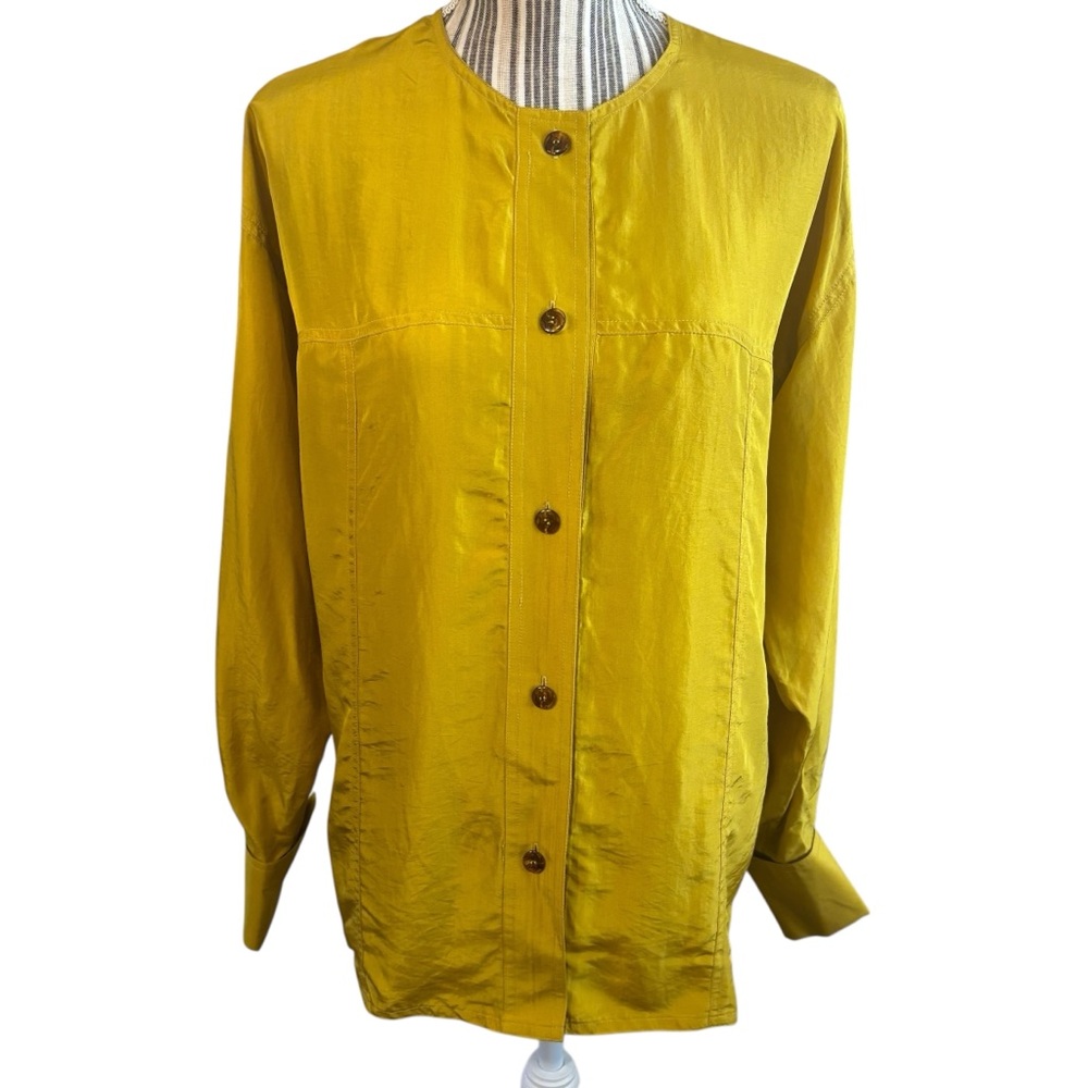 Vintage Saks Fifth Avenue 100% Silk Blouse Gold Mustard The Works Button-Up